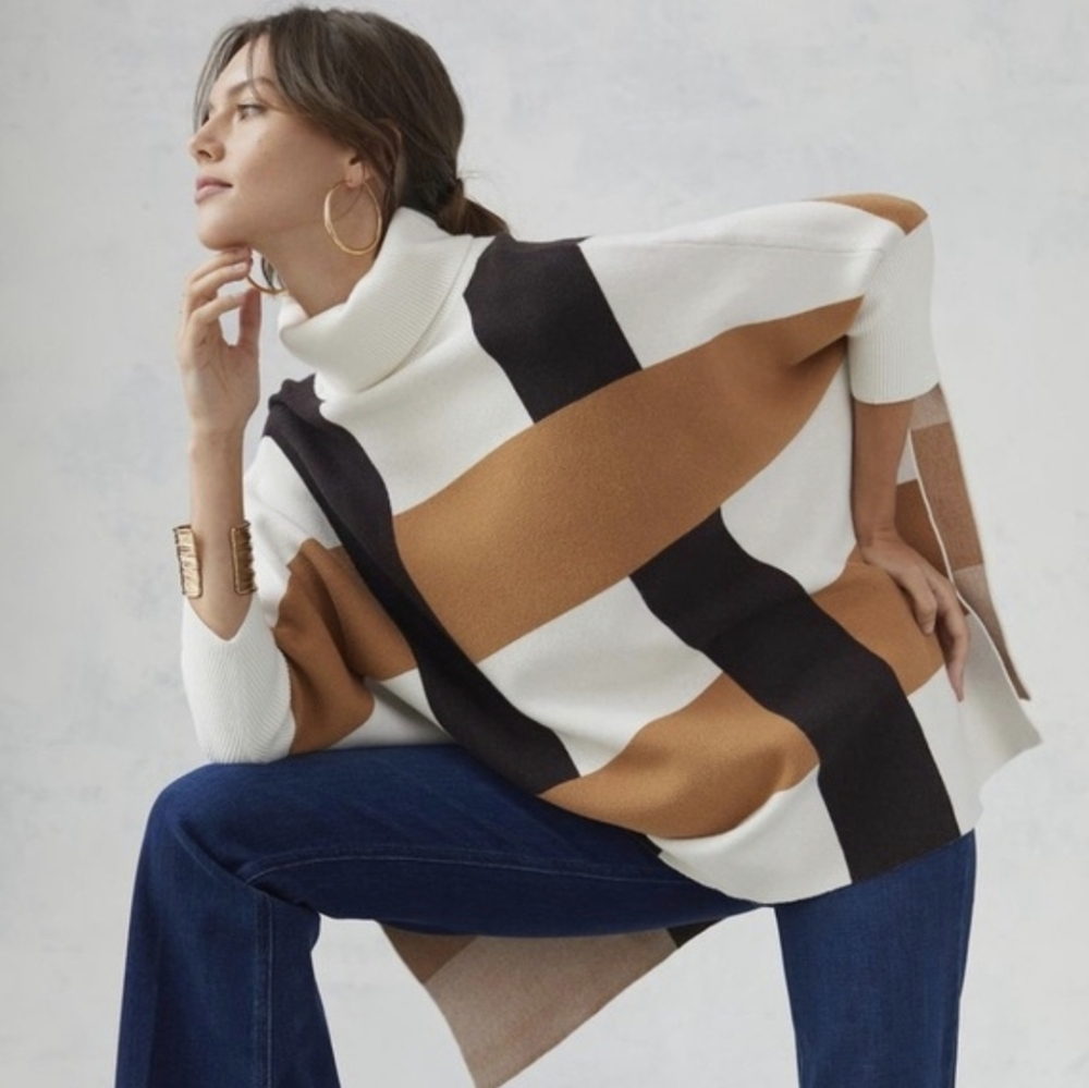 Anthropologie Mod Poncho Sweater Turtleneck Colorblock Tan Preppy One Size